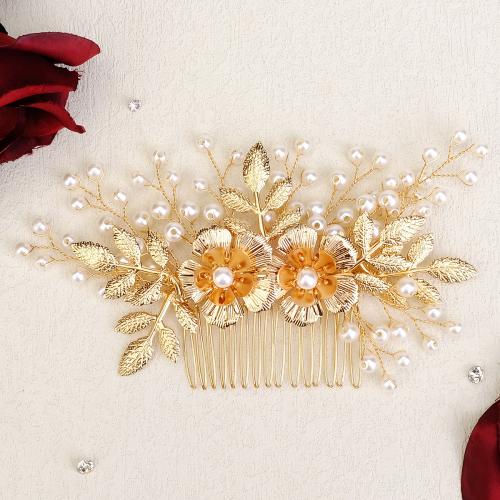 Decorative Hair Combs, Brass, with Plastic Pearl, for bridal, golden, 145x75mm, Sold By PC