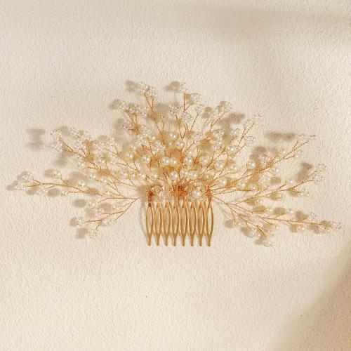 Decorative Hair Combs, Iron, with brass wire & Plastic Pearl & Acrylic, for bridal, golden, 210x110mm, Sold By PC