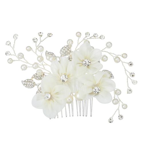 Decorative Hair Combs, Iron, with brass wire & Cloth & Plastic Pearl, for bridal & with rhinestone, silver color, Sold By PC