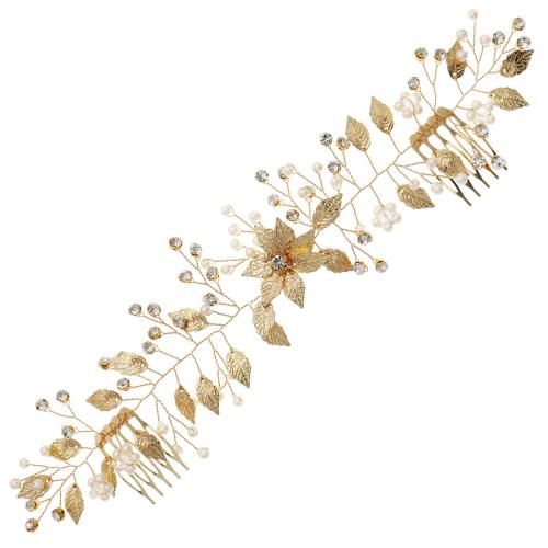 Decorative Hair Combs, Tibetan Style, with brass wire & Plastic Pearl, for bridal & with rhinestone, golden, 310x70mm, Sold By PC