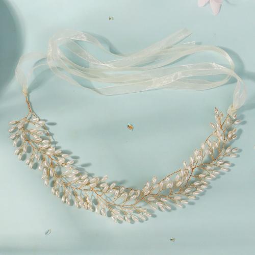 Headband, Plastic Pearl, with brass wire, for bridal, golden, 335x45mm, Sold By PC