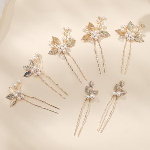 Hair Stick, Tibetan Style, with brass wire & Plastic Pearl, 7 pieces & for bridal, golden, Sold By Set