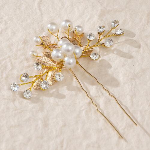 Hair Stick, Tibetan Style, with brass wire & Plastic Pearl, for bridal & with rhinestone, golden, 90x90mm, Sold By PC