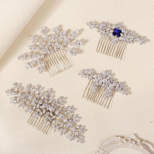 Decorative Hair Combs, Brass, for bridal & different styles for choice & micro pave cubic zirconia, silver color, Sold By PC