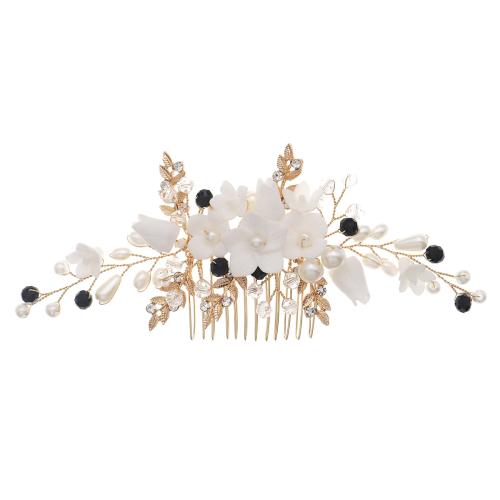 Decorative Hair Combs, Iron, with brass wire & Porcelain & Crystal & Plastic Pearl, for bridal & with rhinestone, golden, 158x62mm, Sold By PC