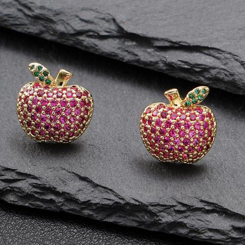 Boucles d'oreilles en laiton zircon cubique pavent, pomme, bijoux de mode & pavé de micro zircon & pour femme, 13x13mm, Vendu par paire