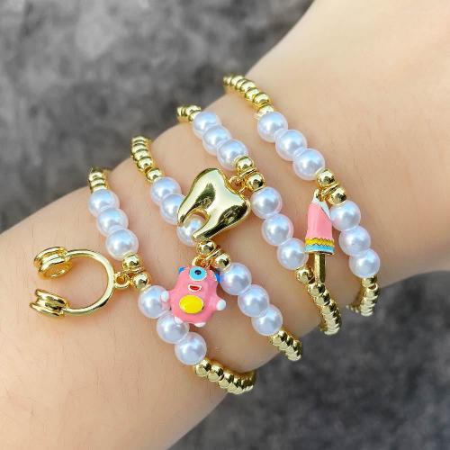 Brass Bracelet & Bangle, with Plastic Pearl, gold color plated, fashion jewelry & different designs for choice & enamel, gold, nickel, lead & cadmium free, Length:16 cm, Sold By PC