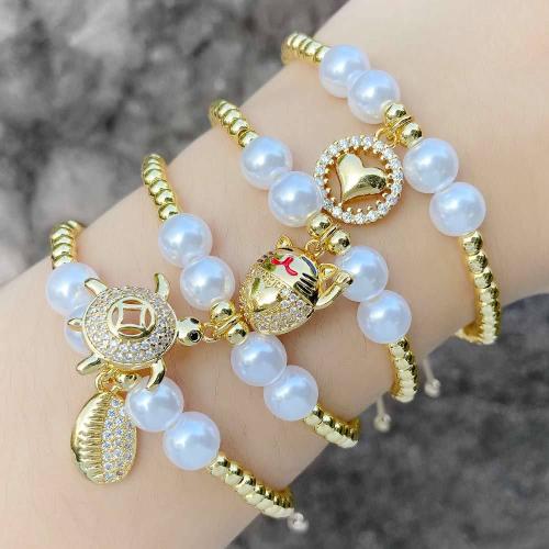 Cubic Zirconia Micro Pave Brass Bracelet, with Nylon Cord & Plastic Pearl, with 14cm extender chain, gold color plated, fashion jewelry & different designs for choice & micro pave cubic zirconia, gold, nickel, lead & cadmium free, Length:14 cm, Sold By PC