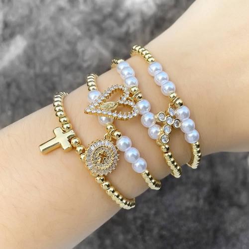 Cubic Zirconia Micro Pave Brass Bracelet, with Plastic Pearl, gold color plated, fashion jewelry & different designs for choice & micro pave cubic zirconia, gold, nickel, lead & cadmium free, Length:16 cm, Sold By PC