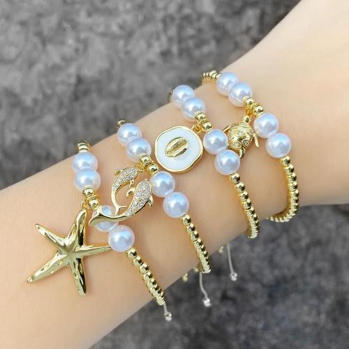 Cubic Zirconia Micro Pave Brass Bracelet, with Nylon Cord & Plastic Pearl, with 14cm extender chain, gold color plated, fashion jewelry & different designs for choice & micro pave cubic zirconia & enamel, gold, nickel, lead & cadmium free, Length:14 cm, Sold By PC