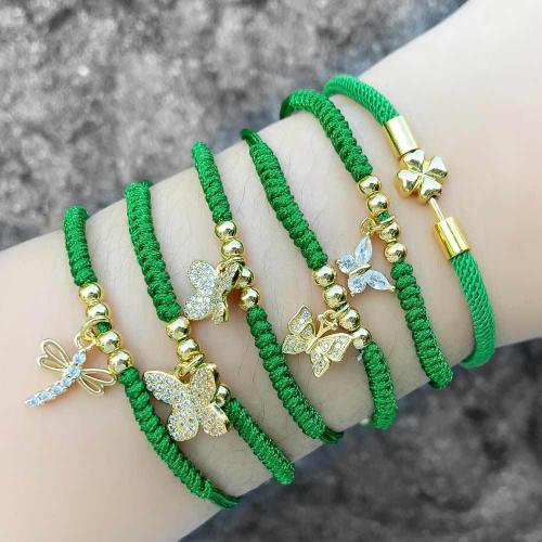 Cubic Zirconia Micro Pave Brass Bracelet, Nylon Cord, with Brass, fashion jewelry & different designs for choice & micro pave cubic zirconia, green, Sold By PC