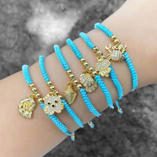 Cubic Zirconia Micro Pave Brass Bracelet, Nylon Cord, with Brass, fashion jewelry & different designs for choice & micro pave cubic zirconia, blue, Sold By PC