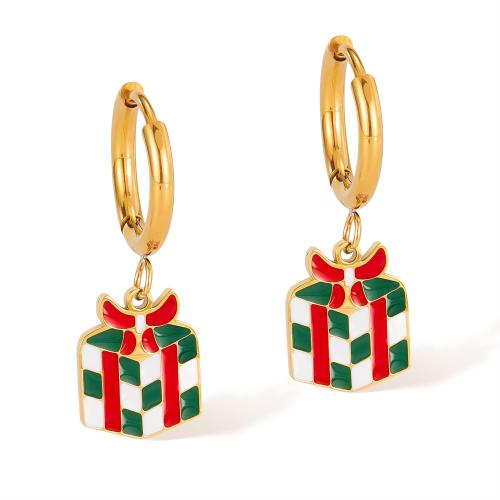 Pendientes de Navidad, acero inoxidable 304, forma de regalo, chapado, Joyería & para mujer & esmalte, dorado, Vendido por Par