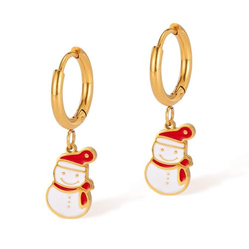 Pendientes de Navidad, acero inoxidable 304, Hombre de Nieve, chapado, Diseño de Navidad & para mujer & esmalte, dorado, Vendido por Par