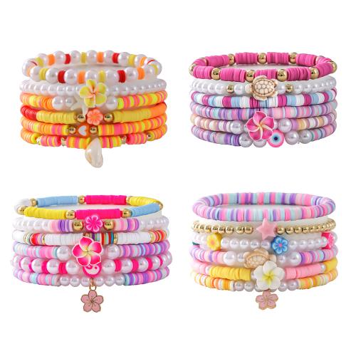 Bijoux bracelets de mode, argile de polymère, avec fil élastique & perle de plastique, fait à la main, 6 pièces & styles différents pour le choix & pour femme, Vendu par fixé