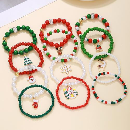 Christmas Holiday Bracelet, Tibetan Style, with Elastic Thread & Plastic, handmade, 12 pieces & Christmas Design & different styles for choice & for woman, mixed colors, Sold By Set