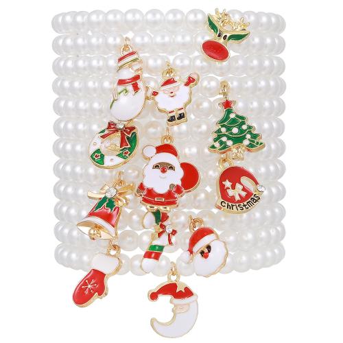 Bracelet de vacances de Noël, alliage de zinc, avec fil élastique & perle de plastique, fait à la main, 12 pièces & Conception de Noël & pour femme & émail, blanc, Longueur:6.69 pouce, Vendu par fixé