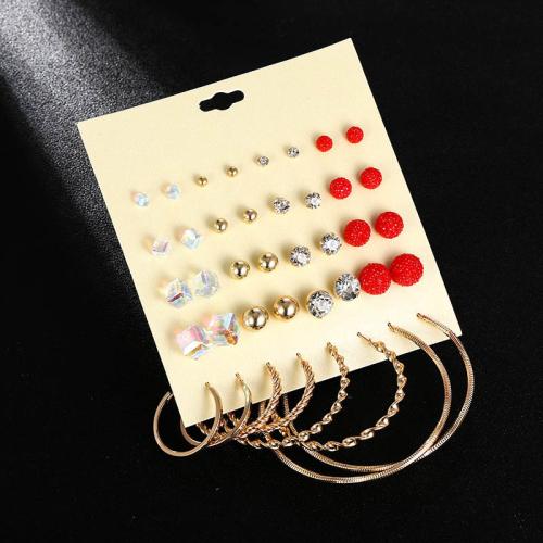 Tibetan Style Stud Earring, with Resin & Plastic Pearl, 16 pieces & for woman & with rhinestone, Sold By Set