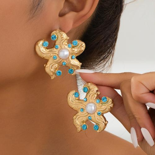 Tibetan Style Stud Earring, with Plastic Pearl, Starfish, plated, micro pave cubic zirconia & for woman, gold, Sold By Pair