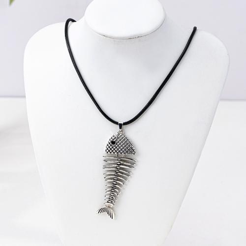 Tibetan Style Jewelry Necklace, with Wax Cord, Fish, plated, micro pave cubic zirconia & for woman, black, Sold By PC