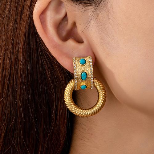 Tibetan Style Stud Earring, with Turquoise, plated, micro pave cubic zirconia & for woman, gold, Sold By Pair