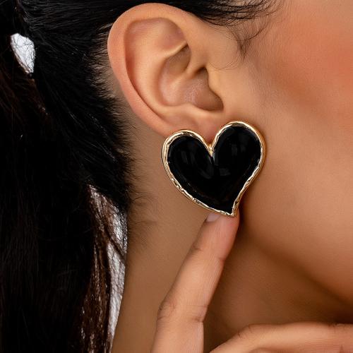 Pendientes de Perno de Aleación de Zinc, Corazón, chapado, para mujer & esmalte, Negro, Vendido por Par