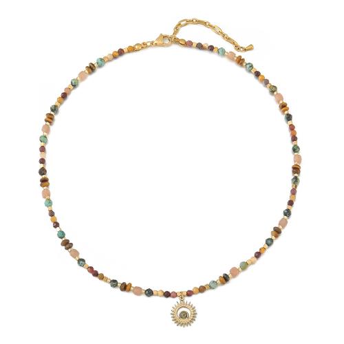 Collier de bijoux en acier inoxydable, Acier inoxydable 304, avec Turquoise africain & opale rose & Pierre jaune & oeil de tigre, fait à la main, pour femme, multicolore, Vendu par PC