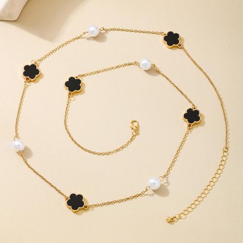 Tibetan Style Sweater Chain Necklace, with Plastic Pearl & Acrylic, petals, plated, for woman, gold, Sold By PC