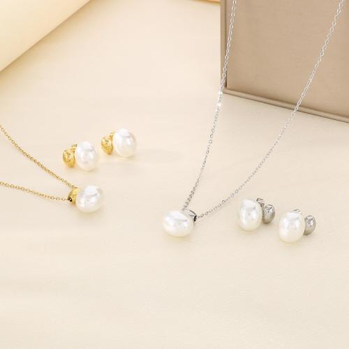 Fashion Stainless Steel Jewelry Sets, Stud Earring & necklace, 304 Stainless Steel, with Shell, Vacuum Ion Plating, for woman, more colors for choice, Sold By PC