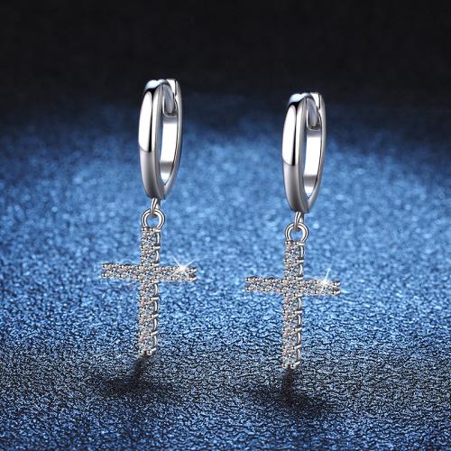 Argent sterling 925 Boucles d'oreilles pendantes Hoop Huggie, avec Moissanite, croix, bijoux de mode & pour femme, earring length 25-35mm, 0.18 carat Moissanite, Vendu par paire