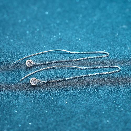 925 Sterling Silver Thread Through Earrings, with Moissanite, Round, fashion jewelry & for woman, earring length 100-150mm, Sold By Pair