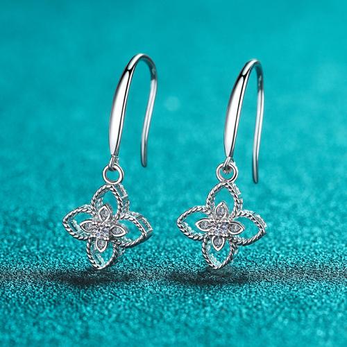 Argent sterling 925 Boucle d'oreille goutte, avec Moissanite, Trèfle à quatre feuilles, pour femme & creux, earring length 15-25mm, 0.08 carat Moissanite, Vendu par paire