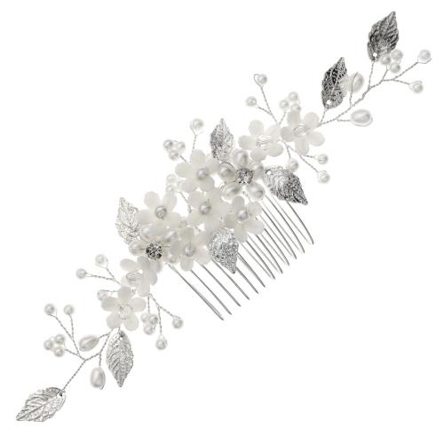 Decorative Hair Combs, Iron, with brass wire & Plastic Pearl & Acrylic, for bridal & with rhinestone, silver color, 180x63mm, Sold By PC