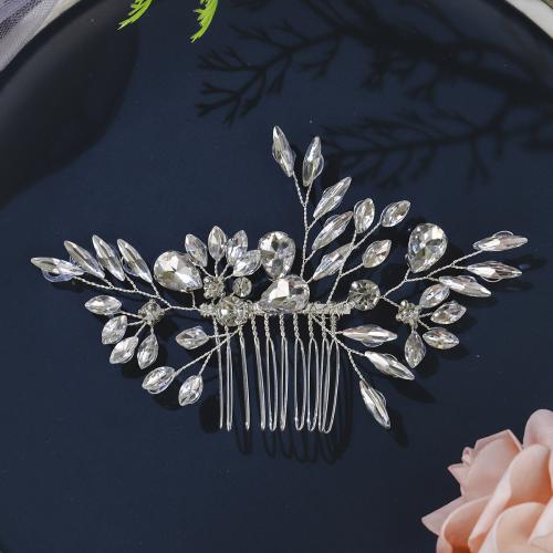 Decorative Hair Combs, Iron, with brass wire & Rhinestone, for bridal, silver color, 135x85mm, Sold By PC