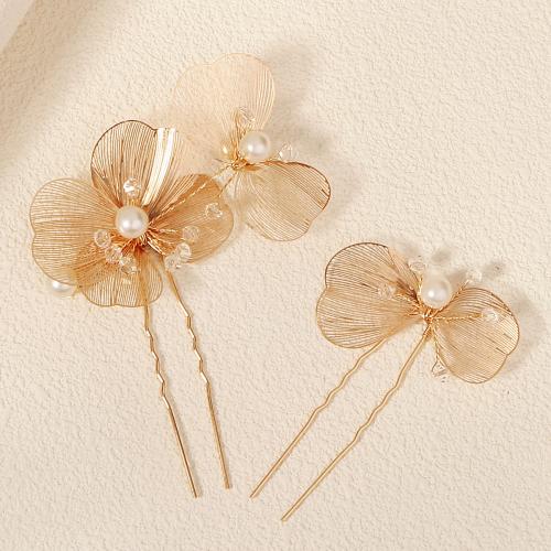 Hair Stick, Brass, with brass wire & Crystal & Plastic Pearl, 2 pieces & for bridal, golden, Sold By Set