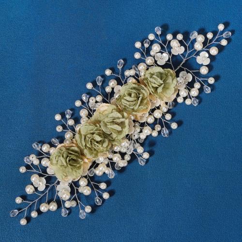 Headband, Plastic Pearl, with brass wire & Cloth & Crystal, for bridal & with rhinestone, green, 260x90mm, Sold By PC