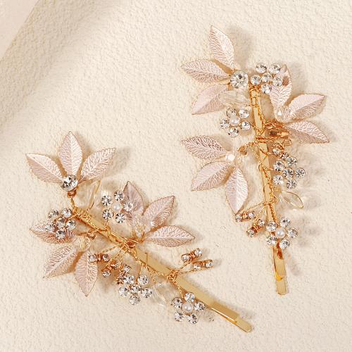 Hair Slide, Iron, with brass wire & Rhinestone & Acrylic, 2 pieces & for bridal, golden, 90x51mm, Sold By Set