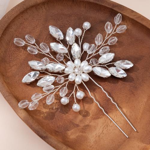 Hair Stick, Iron, with brass wire & Rhinestone & Plastic Pearl & Acrylic, for bridal & different styles for choice, silver color, Sold By Bag