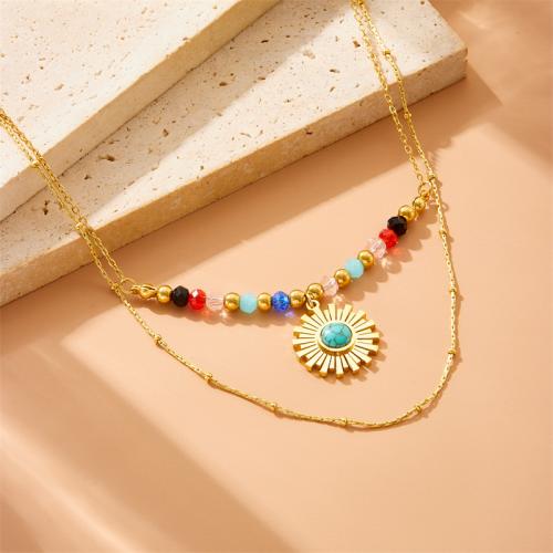 Stainless Steel Jewelry Necklace, 304 Stainless Steel, with Glass Beads & Turquoise, with 5.5cm extender chain, Double Layer & fashion jewelry & for woman, golden, Sold Per Approx 39 cm, Approx 46 cm Strand