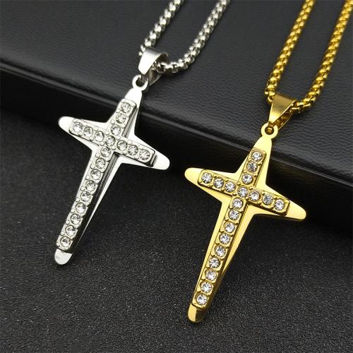 Stainless Steel Sweater Chain Necklace, 304 Stainless Steel, Cross, fashion jewelry & Unisex & with rhinestone, more colors for choice, 40x26mm, Length:Approx 60 cm, Sold By PC