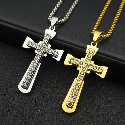 Stainless Steel Jewelry Necklace, 304 Stainless Steel, Cross, fashion jewelry & Unisex & with rhinestone, more colors for choice, 39x24mm, Length:Approx 60 cm, Sold By PC