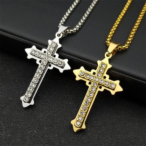 Stainless Steel Jewelry Necklace, 304 Stainless Steel, Cross, fashion jewelry & Unisex & with rhinestone, more colors for choice, 40x27mm, Length:Approx 60 cm, Sold By PC