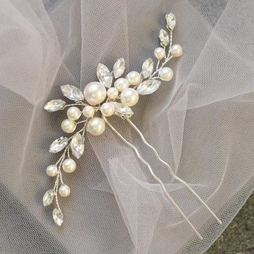 Hair Stick, Plastic Pearl, with brass wire & Rhinestone, fashion jewelry & for woman, silver color, 140x100mm, Sold By PC