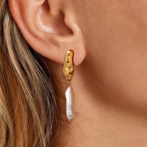 Stainless Steel Drop Earring, 304 Stainless Steel, with ABS Plastic, gold color plated, fashion jewelry, golden, Sold By Pair