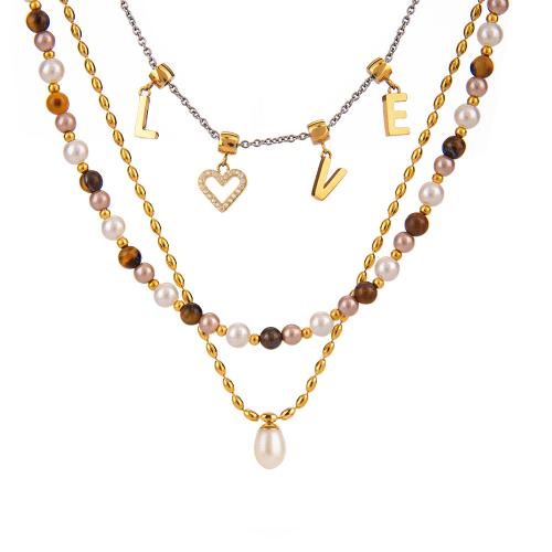 Stainless Steel Jewelry Necklace, 304 Stainless Steel, with Gemstone & Plastic Pearl, gold color plated, fashion jewelry & different designs for choice & with rhinestone, more colors for choice, Sold By PC