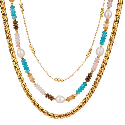 Stainless Steel Jewelry Necklace, 304 Stainless Steel, with Gemstone & Plastic Pearl, gold color plated, fashion jewelry & different designs for choice, more colors for choice, Sold By PC