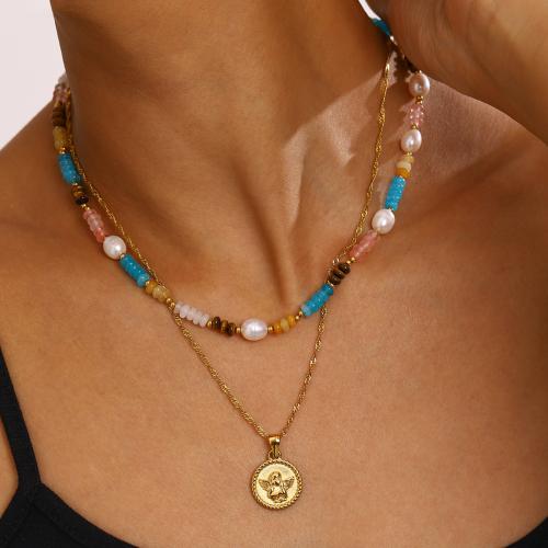 Stainless Steel Jewelry Necklace, 304 Stainless Steel, with ABS Plastic Pearl & Gemstone, gold color plated, fashion jewelry & different designs for choice, more colors for choice, Sold By PC