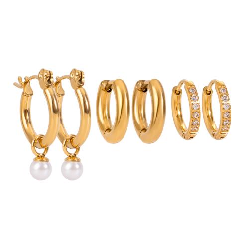 Stainless Steel Lever Back Earring, 304 Stainless Steel, with ABS Plastic Pearl, gold color plated, three pieces & fashion jewelry & with rhinestone, golden, Sold By Set