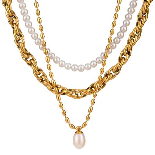 Stainless Steel Jewelry Necklace, 304 Stainless Steel, with ABS Plastic Pearl, gold color plated, fashion jewelry & different styles for choice, golden, Sold By PC