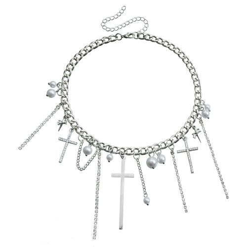 Collier de bijoux en alliage de zinc, avec Plastique ABS perle, Placage de couleur argentée, bijoux de mode & avec strass, argent, protéger l'environnement, sans nickel, plomb et cadmium, Vendu par PC